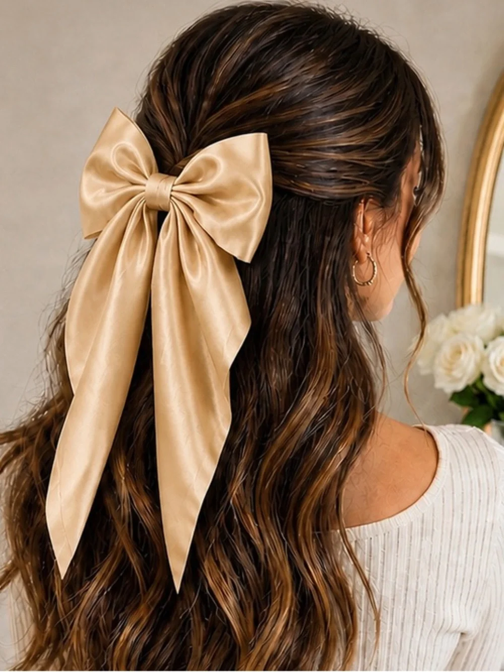 Gold Satin Oversized Hair Bow Clip - Elegant Women’s Hair Accessory